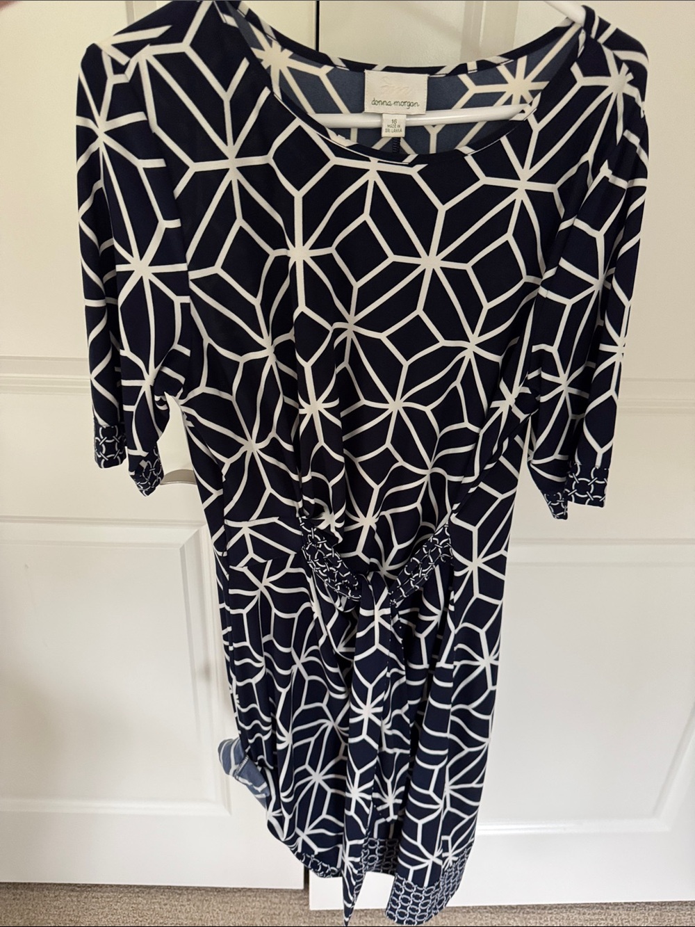 Donna Morgan Navy & White Geometric Tie-Front Midi Dress